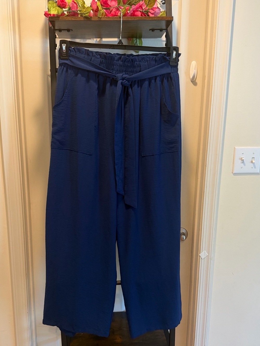 Wide-Leg Tie-Waist Pants in Navy Vacation Beach Pants Office Wear Casual Wear